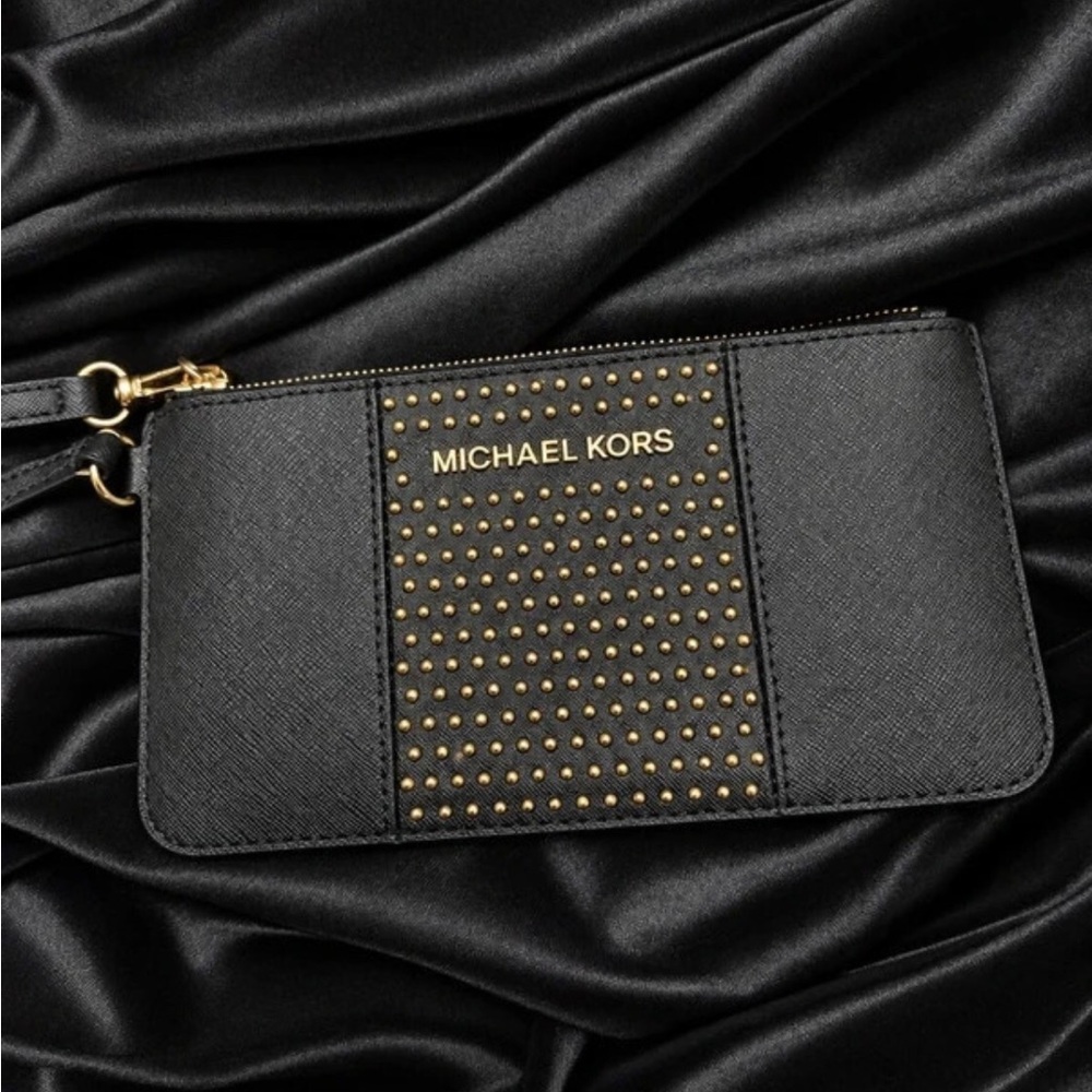 Michael Kors Black Leather Wristlet with Gold Stud Accents